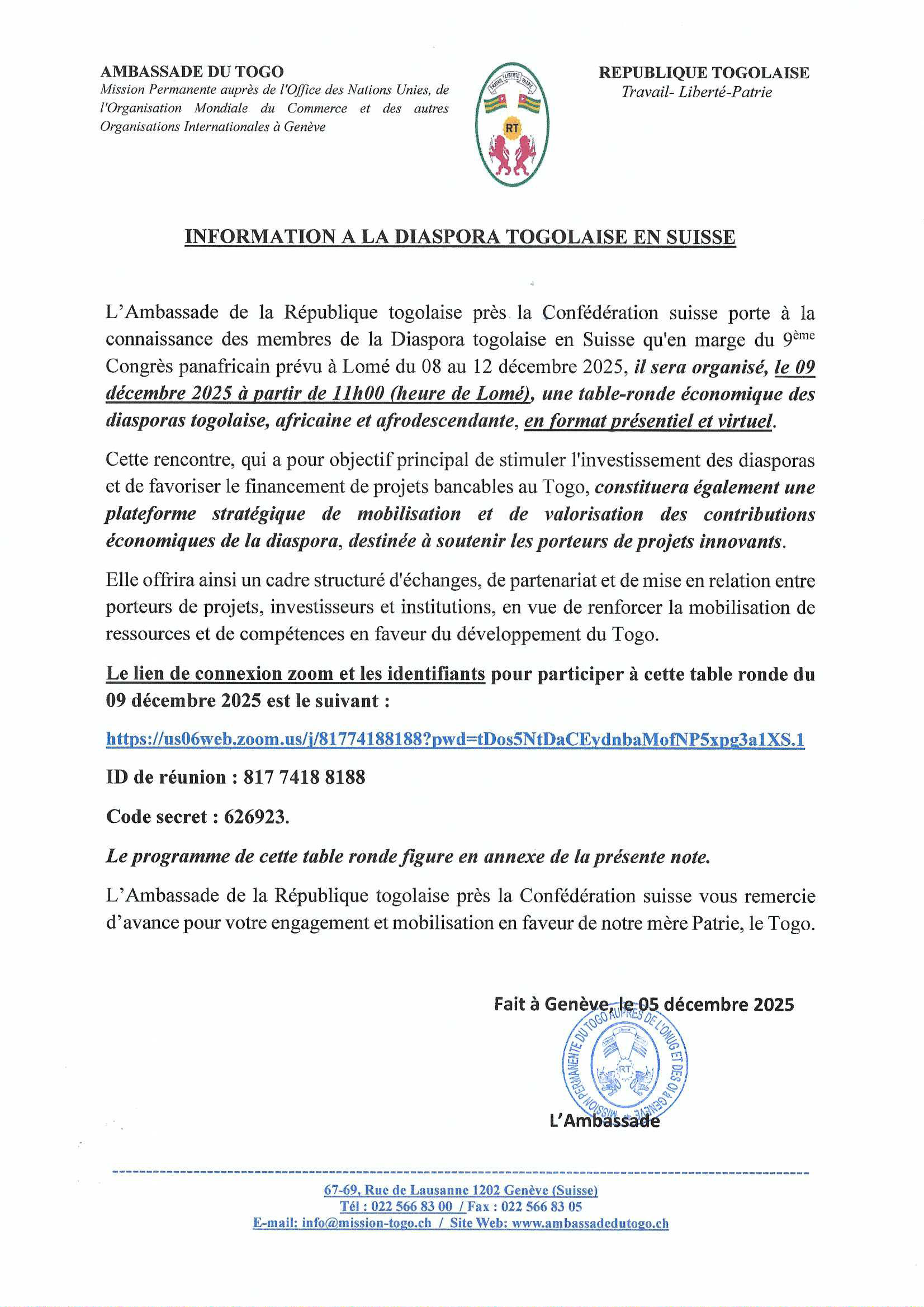 Informations à la diaspora togolaise